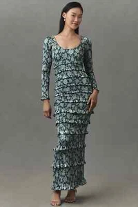 NWD V. Chapman Lanie Ruched Ruffled Satin Wedding Maxi Dress Sz 6 EMERALD #8G503 - Picture 1 of 15