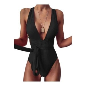 Lilosy Womens Black Halter Deep V-Neck Wrap Tie Waist One-Piece Swimsuit Size L - Picture 1 of 14