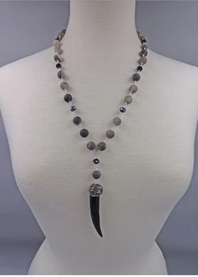 BEADED NECKLACE STRAND 28' INCH DRUZY AGATE &  BLACK HORN BEAD NECKLACE Foto 1 de 4