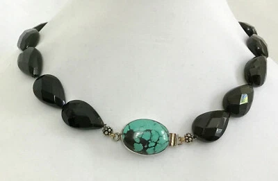 Sterling Silver Necklace with Black Glass Beads & Spider Web Turquoise - Image 1 of 4