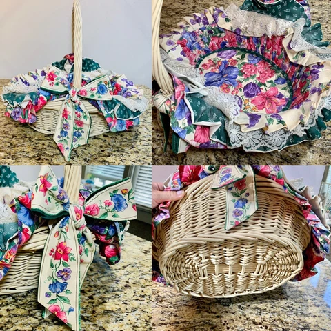 Vintage Floral Lace Fabric Lined Wicker Basket Handle Picnic Flower Country Chic Cover