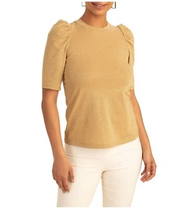 Trina Turk Women's Gold Forbidden Crew Neck Puff Sleeve Blouse Top Size Large - Picture 1 of 8
