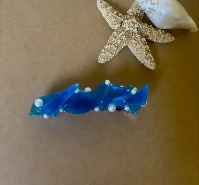 Sea Glass Barrette, Recycled Blue Glass Faux Pearls Hair Accessory Beach Theme - Image 1 of 4