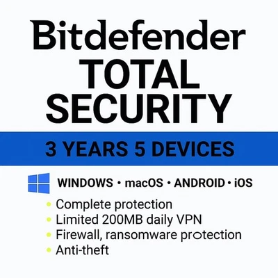 Bitdefender Total Security  3 Year 5 Devices Protection  + Daily VPN - Image 1 of 4