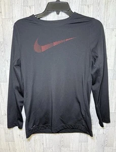 Nike Dri Fit Long Sleeve Shirt, Black- Youth Large-Red Nike Big Logo Swoosh - Picture 1 of 5