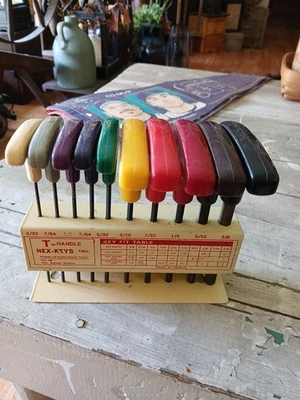 10pc SAE 3/32” to 3/8” Colored T-Handle Hex Allen Wrench Key Set w/ Metal Holder - Image 1 of 3