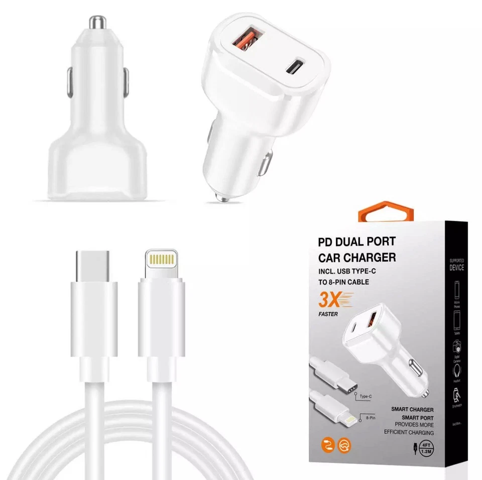 Reiko 36W PD Dual Ports Travel Car Charger Adapter Fast Charging with USB-C to 8