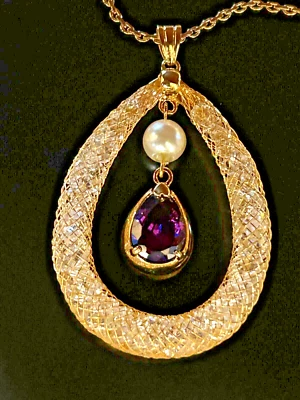 Collar Colgante Lágrima Oro 18K o/Bronce Cristal Binche Encaje 17-19" Estate Foto 1 de 4