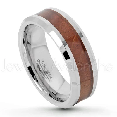  2-Tone 8mm Beveled Edge Tugnsten w/ Hawaiian Koa Wood Inlay Center Ring #662 Foto 1 de 3