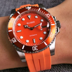Reloj automático Bliger naranja Japón NH35A cristal zafiro fecha automática banda de goma - Imagen 1 de 9