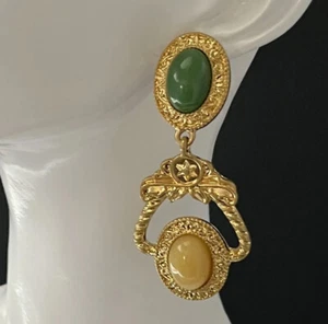 Pendientes colgantes renacimiento egipcio perforados oro verde vidrio cabujón diseñador - Imagen 1 de 9