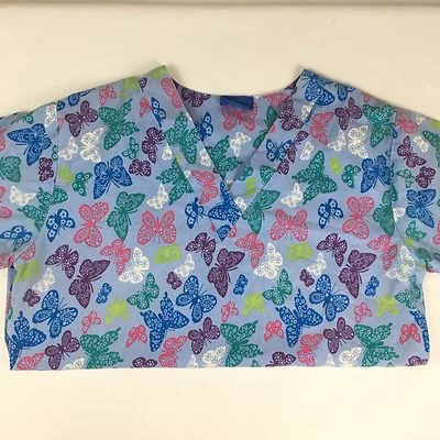Carol's Scrub Top Blue w/Butterflies size S short sleeve Pockets V-neck - Image 1 of 4