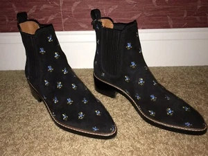 Coach Bowery Black Suede Floral Embroidery Chelsea Ankle Boots Booties 2 In 9.5 - Picture 1 of 7