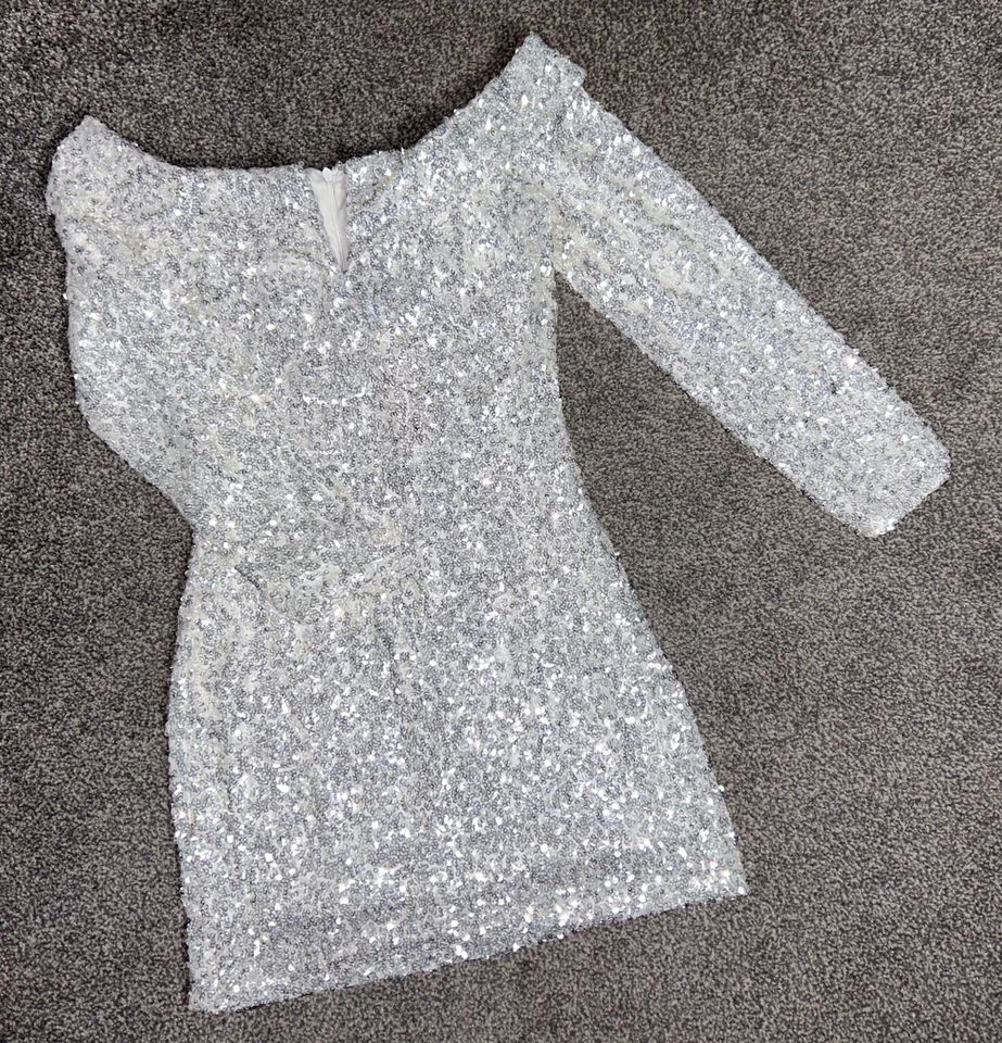 BNWT CLUB L SILVER SEQUIN BARDOT PLUNGE LONG SLEEVE MINI DRESS SIZE 8 RRP £65 - Image 1 of 2