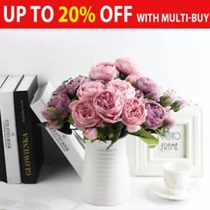 9 Heads Artificial Flowers Silk Peony Bouquet Fake Rose Wedding Home Party Decor - Picture 1 of 20
