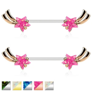 Pair of Shooting Star with Opal Glitter Surgical Steel Barbells Nipple Rings 14G - Picture 1 of 8