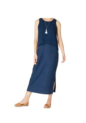 Pure Jill 女式蓝色靛蓝烟熏分层亚麻长裙 XS 码 — 第 1/4 张图片