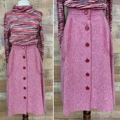 Falda Vintage Años 70 Rosa Botón Frontal Línea A Bolsillos Talla Pequeña Boho Hippie Foto 1 de 4