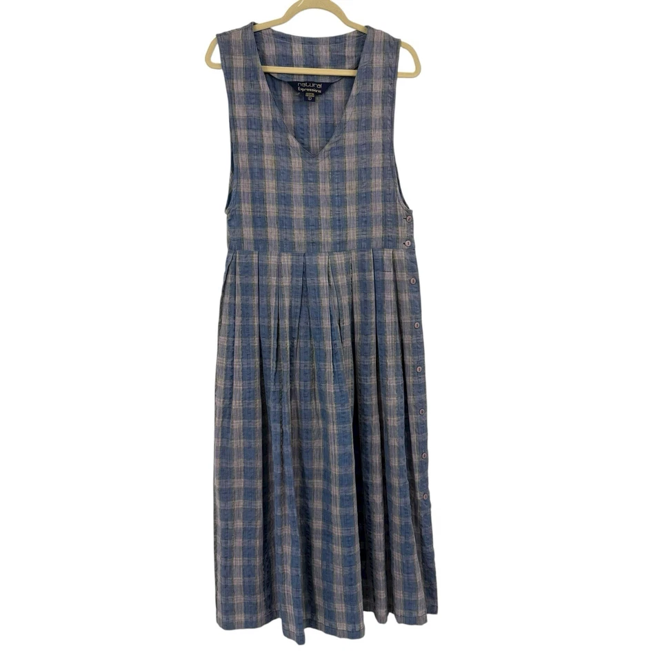 Vintage 90’s Blue Plaid Pinafore Jumper Dress Indian Cotton Preppy Cottagecore L - Image 1 of 4