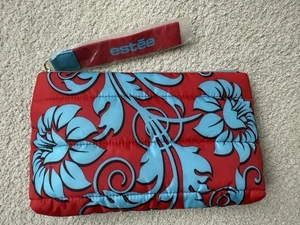 Estee Lauder Nylon Puffer Makeup Bag Clutch Red Blue Floral with Wristlet EL5 - Picture 1 of 4
