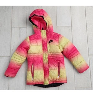 Nike Jacket Zip Coat Neon Pink Yellow Kids Girls Sz 6 Puffer Hooded Ski Winter - Picture 1 of 13