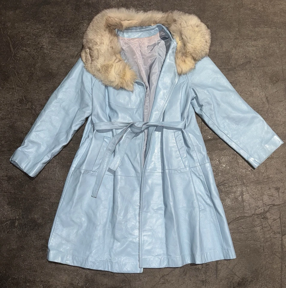 Vintage 70s Light Blue Leather Trench Coat Fur Lined Women’s Small - Image 1 of 4