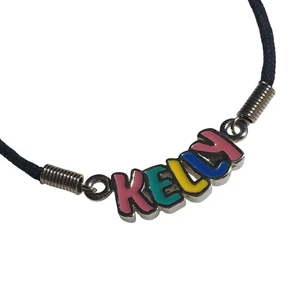 Kelly Name Necklace Black Enamel Pendant Multicolor Letters Silver Tone Accents - Picture 1 of 5