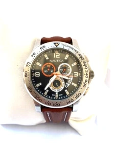 Nautica Mens Quartz Day&Date 100 MT WR Leather Strap Watch A19607G - Picture 1 of 12