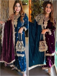 Velvet Sharara suit for women Pakistani dress Partywear dress Readymade suit - Picture 1 of 12
