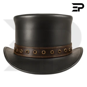 Schwarzer Leder Zylinderhut mit braunem Ösenband Handarbeit Steampunk Hut - Bild 1 von 3