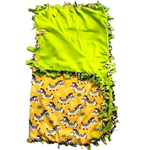 Zebra Fleece Handmade Tie Blanket Throw Soft Zoo Animal 50 x 57 Gold Green - Picture 1 of 5