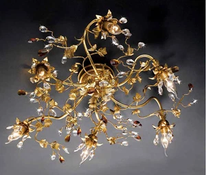 6 Light Ceiling Fixture Wrought Iron Crystal Gold Leaf Coll.PRE Art.PL135/6 - Picture 1 of 1