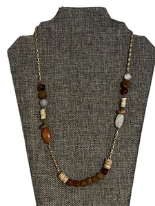 Vintage Vogue Gold Tone Wood Stone Shell Bead Necklace - Picture 1 of 8