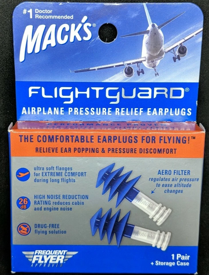 1 Pair Mack's Flightguard Airplane Pressure Relief Ear Discomfort Noise Plugs