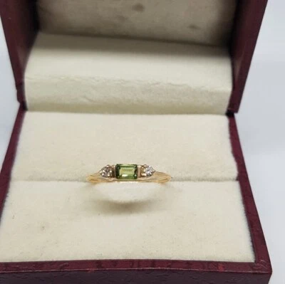 14k Gold Finish Silver Emerald Cut Natural Green Peridot Diamonds Women Ring - Image 1 of 2