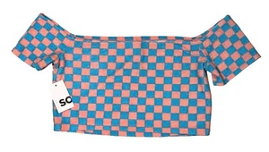 SO Off Shoulder Crop Top Size XL Halter Pink Blue Check Stretch Soft Terry - Picture 1 of 3