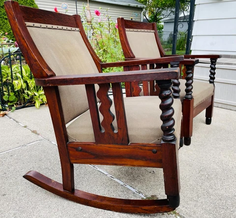 REDUCED!!! Pair Antique English Barley Twist Chairs ~ Orig Studded Horsehair Pad Cover
