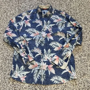 Camicia Tommy Bahama Nuova Relax Tg M Misto Lino Manica Lunga Bottoni Stampa Blu - Foto 1 di 8