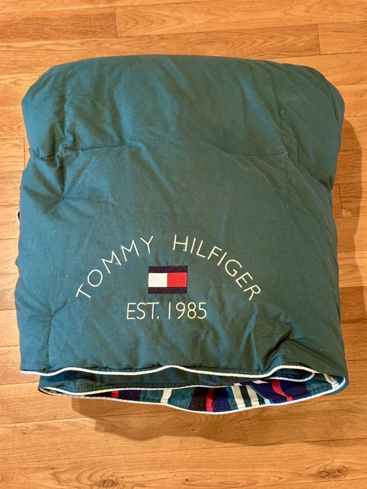 Vintage TOMMY HILFIGER Down Comforter Striped Red White Blue Green Queen 82”x82” - Image 1 of 4