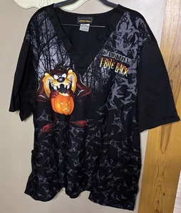 Looney Tunes Taz Jack O’lantern Bats Halloween Scrub Top Unisex 2X VNeck Black - Picture 1 of 6