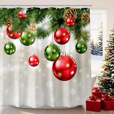Christmas Shower Curtain Set with Green and Red Ornament Pattern, Waterproof - Image 1 of 4