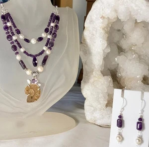 SS .925 AMETHYST PEARL NECKLACE EARRINGS W/ AMMONITE w BALI BEADS - Imagen 1 de 12