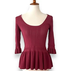 Torn by Ronny Kobo Maroon Mauve Knit 3/4 Sleeve Scoop Neck Peplum Top S - Picture 1 of 13