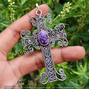 Awesome Charoite Gemstone 925 Sterling Silver Plated Sample Holy Cross Pendant - Picture 1 of 3
