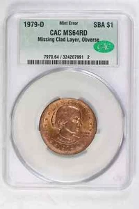 1979 D Dollar Susan B. Anthony CAC Grading MS 64 RD Missing Obverse Clad Layer - Picture 1 of 2