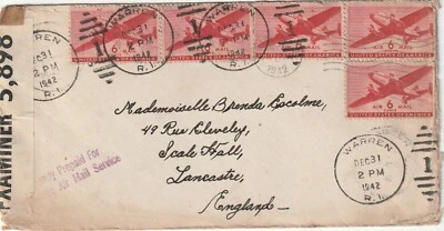 1942 USA IIWW censored cover from Warren RI to Scale Hall, Lancaster England - Image 1 of 2