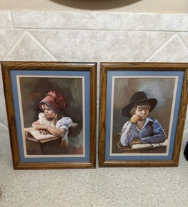 Sandra Kuck Vintage Framed Print Amish School Boy and Girl Lot of Two 1980's - Picture 1 of 15