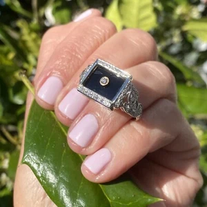 Vintage Mens Ring Platinum 14K White Gold Onyx Diamond Art Deco Antique Sz 11.75 - Picture 1 of 24