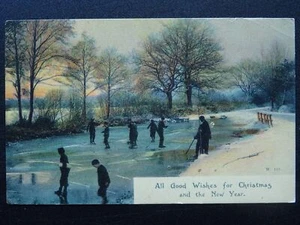 Christmas Greeting ICE SKATING ON FROZEN POND c1905 Postcard - Bild 1 von 2
