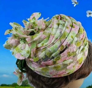 Vtg 1950-60's Mr Stanley NY Pink Green Spring Summer Chiffon Turban Hat Floral - Picture 1 of 8